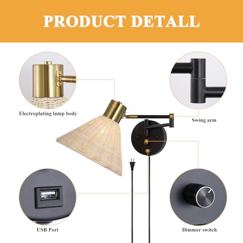 Plug in Rattan Wall Sconce Swing Arm Wall Lamp, Black - color: Black+Rattan Shade