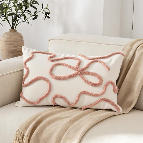 Pink Coquette Bow Throw Pillow Cover 12x 20, Boho Tufted Neutral Linen Pillow Cases Girls Bedroom Decor for Outdoor Couch Bedroom Car, Mauve - color: Mauve
