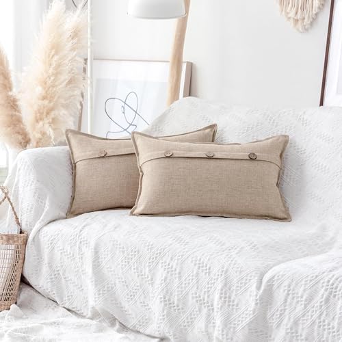 Home Brilliant Linen Pillow Covers 12x20 Burlap Button Throw Pillow Covers Decorative Triple Button Farmhouse Cushion Covers for Bedroom Living Room, 12 x 20 inches, Set of 2, Light Linen - color: Light Linen, size: 20" x 12" (Pack of 2)
