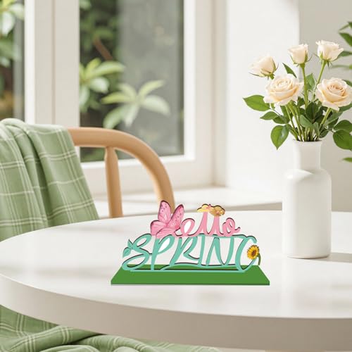 Hello Spring Wooden Table Sign with Base Spring Tabletop Decorations for Home Office Shelf Mantel Indoor Holiday Tiered Tray Spring Party Decor Gift
