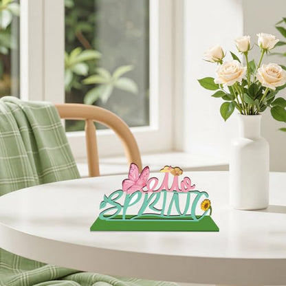 Hello Spring Wooden Table Sign with Base Spring Tabletop Decorations for Home Office Shelf Mantel Indoor Holiday Tiered Tray Spring Party Decor Gift