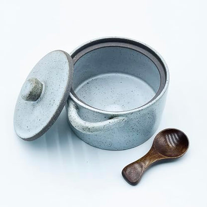 12 oz Ceramic Salt Cellar with Lid & Wooden Spoon,Countertop Salt Container,Sugar Bowl,Spices Jar| Artisan Kitchen Decor(Gray) - color: Gray B