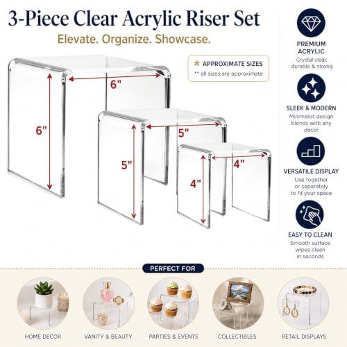 Clear Acrylic Display Risers Set of 3, Assorted 4 5 6 Inch Retail Pedestals, Transparent Tabletop Stands for Jewelry, Figurines, Crafts, Collectibles, Store Fixtures, Dessert Table and Product Displays