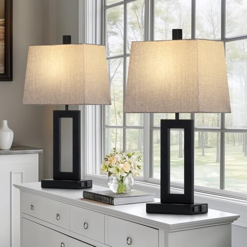 Cinkeda Bedside Table Lamp Set of 2,Nightstand Touch Lamps with USB Port - color: C.Gray&Black