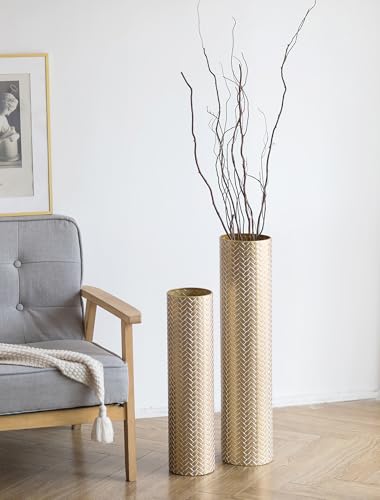 Sziqiqi Tall Gold Floor Vase, Metal Floor Standing with Woven Texture, 2Pcs - color: Gold