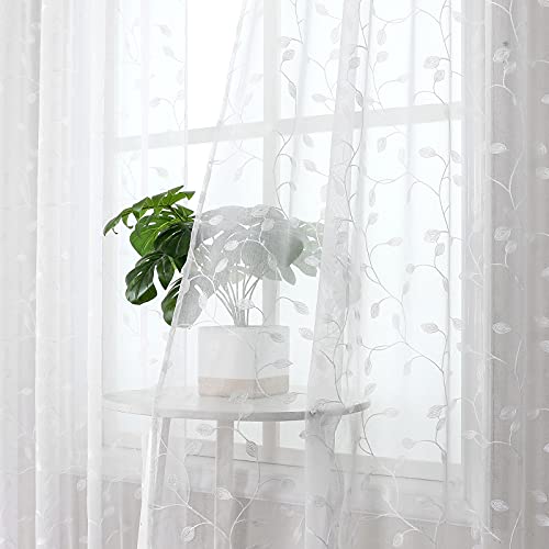 Tollpiz Leaves Sheer Tier Curtain White Leaf Embroidery Kitchen Half Curtains Rod Pocket Voile Faux Linen Embroidered Leaves Curtain for Bathroom, 30 x 36 inches Long, Set of 2 Panels - color: White, size: 30"W x 36"L (Pack of 2)