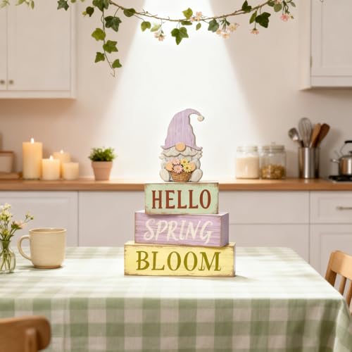 Spring Decoration Wooden Tiered Tray Decor – Rustic Hello Spring Bloom Gnome Stacked Block Sign with Flower Basket Topper – Farmhouse Tabletop Spring Decor for Living Room Shelf Kitchen Coffee Bar Seasonal Home Display - style: Gnome