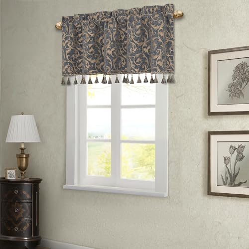 Loom and Mill Chenille Damask Valances for Windows, Blue-Grey+Khaki,54"x18" - color: Blue-grey+khaki