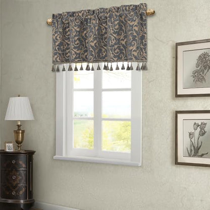 Loom and Mill Chenille Damask Valances for Windows, Blue-Grey+Khaki,54"x18" - color: Blue-grey+khaki