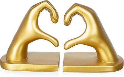 2Pcs Gold Heart Hands Book Ends, Non-Slip Heavy Duty Bookends for Shelves