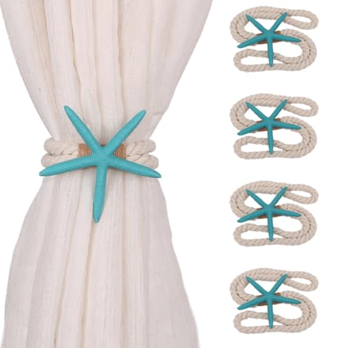 4PCS Starfish Curtain Tiebacks - Hand-Woven Rope Tiebacks for Indoor & Outdoor Decor, Perfect for Coastal Bedroom Curtains & Living Room Window Decor (Sea Blue) - color: Sea Blue