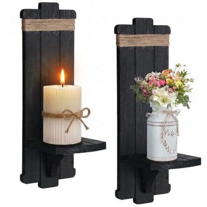 Alphatool Handmade Wooden Candle Sconces Set of 2 Farmhouse Wall Decor - color: Black
