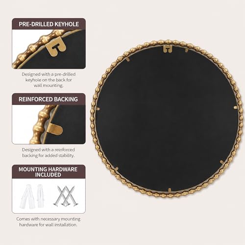 30" Round Bathroom Mirror, Antique Gold Bold Beaded Frame
