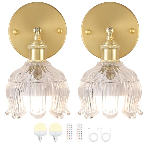 Battery Operated Wall Sconces Set of 2, Clear Tulip Glass Wall Lights | Rechargeable flower wall lamps with remote control, 15 colors, 10-level dimming and timer for bedroom and living room - color: Clear