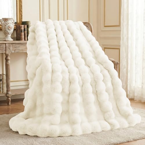 L'AGRATY Faux Rabbit Fur Throw Blanket for Couch, 90'' x 108'', Cream White - color: Cream White, size: 90" x 108"
