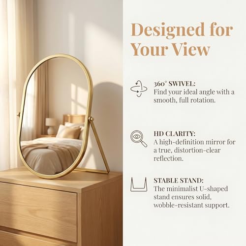 Gold Oval Vanity Mirror, 360° Rotation 180° Tilt Adjustable Desktop Makeup Mirror with Metal Frame, Decorative Standing Mirror for Bedroom, Bathroom, Living Room
