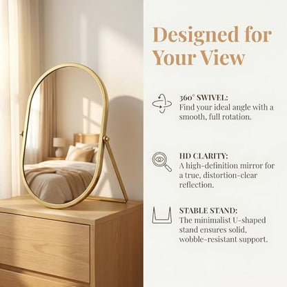 Gold Oval Vanity Mirror, 360° Rotation 180° Tilt Adjustable Desktop Makeup Mirror with Metal Frame, Decorative Standing Mirror for Bedroom, Bathroom, Living Room