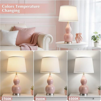 GyroVu 22" Table Lamp Set of 2, Color Temperature Adjustable Double Gourd Ceramic Lamps Classic Nightstand Table Lamps for Bedroom Beside Lamps for Living Room, Pink-Bulbs Included - color: 22.63" Pink Gourd