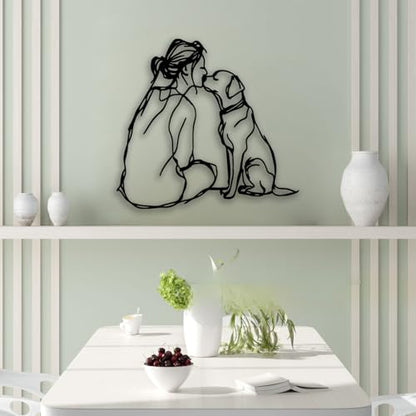 Woman Dog Metal Wall Decor - Pet Lover Room Decor Wall Art Home Decor for Living Room, Bedroom, Dining Room, Bathroom, Office, Pet Shop (Black)