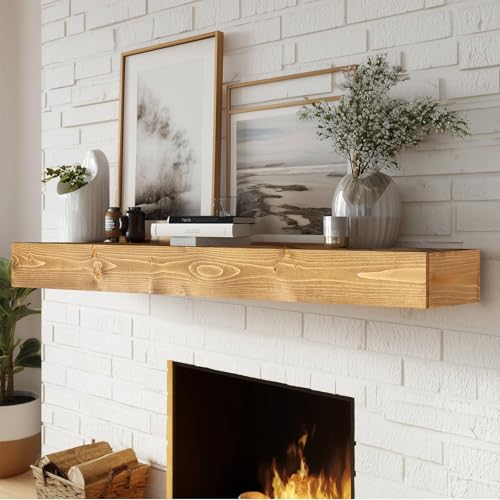 60x8x5in Pine Wood Fireplace Mantel Shelf, Natural Wood - color: Natural Wood, size: 60x5x8-hollow