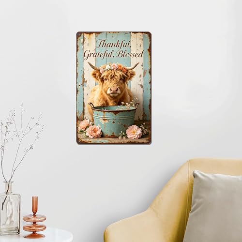 Floral Crown Highland Cow with Thankful Quote Vintage Print,Solid Rustproof Aluminum Plaque, Shabby Chic Wall Ornament for Cabin Dining Room Entry, Multipurpose Christian Decor Gift Sign 8x12 Inch - color: M2030-Cow1-3