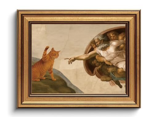 Vintage Gold Framed Orange Cat Wall Art Funny Renaissance Canvas Art Prints - color: Cat and God, size: 8"x10"