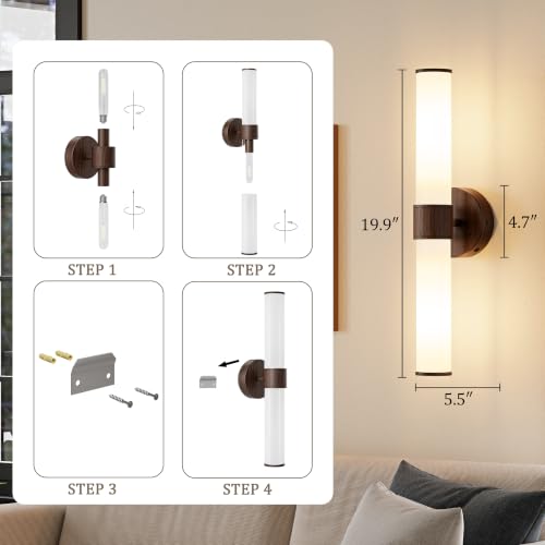 8000mAh Walnut Battery Operated Wall Sconces Set of 2, Dimmable Rechargeable Wall Sconce with Remote, 20 Inch Wireless White Glass Shade Wall Light for Bedroom Living Room Entryway (Bulbs Included) - color: Walnut（White Glass）