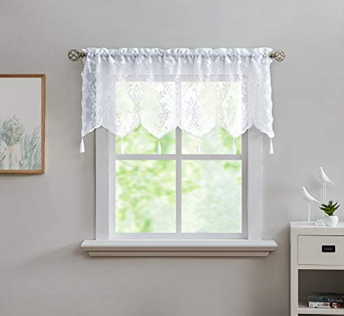 LinenZone 54x22 White Sheer Lace Valance with 6 Tassels. (Luna 54x22,White) - color: White, size: 54"W x 22"L (Pack of 1)