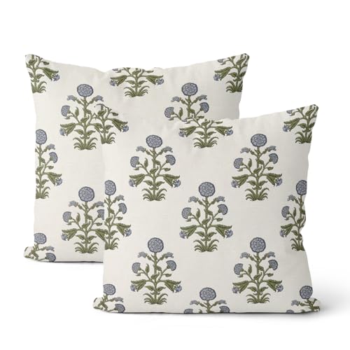 CXMEIFLY Sage Green Blue Vintage Pillow Covers 16 x 16 Inch Set of 2 Boho Floral Outdoor Decor Throw Pillows Neutral Block Print Flower Linen Farmhouse Decorative Pillowcases for Couch Bed Sofa - color: Green Blue, size: 16" x 16" (Pack of 2)