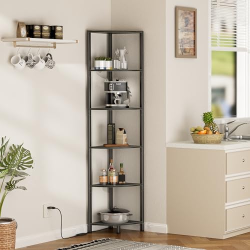 Furnulem 6 Tier Corner Shelf with LED Light, 67.5" Black Narrow Bookshelf - color: Black Oak