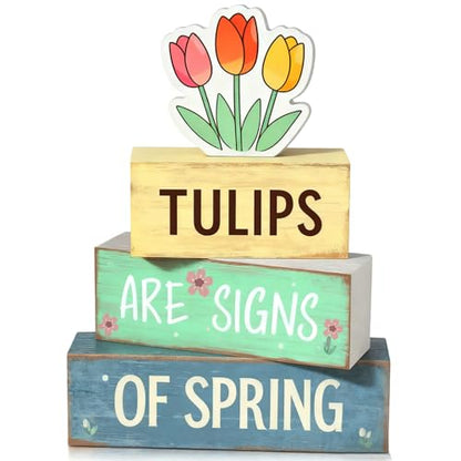 Spring Decoration Wooden Tiered Tray Decor – Tulips Spring Stacked Block Sign with Floral Accent – Farmhouse Tabletop Spring Decor for Shelf Mantel Seasonal Home Display - style: Tulips