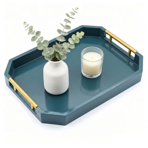 Decorative Wood Serving Tray with Polished Gold Handles, Octagon MDF Tray, Glossy Finish, 16x12 Inch, for Coffee Table, Ottoman (Teal) - color: Teal