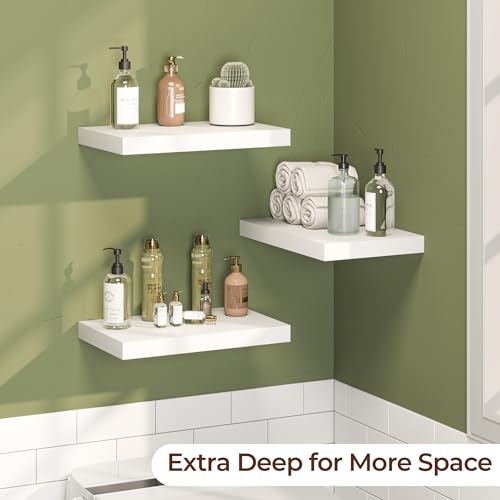 Fun Memories Floating Shelves for Wall 16 Inch Set of 3, Farmhouse Floating Shelves with Invisible Heavy Duty Bracket, 10 Inch Deep Bathroom Shelves for Storage, Living Room, Kitchen, Decor, White - color: White, size: 16"L x 10"D
