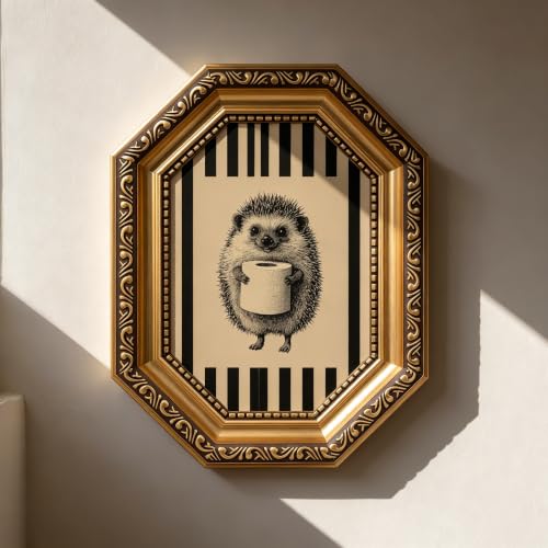 Funny Bathroom Wall Art, Vintage Gold Octagonal Framed Canvas Print, Hedgehog Holding Toilet Wall Decor Pictures, Cute Animal Artwork for Bathroom Restroom - color: Hedgehog Holding Toilet Roll, size: 8*10