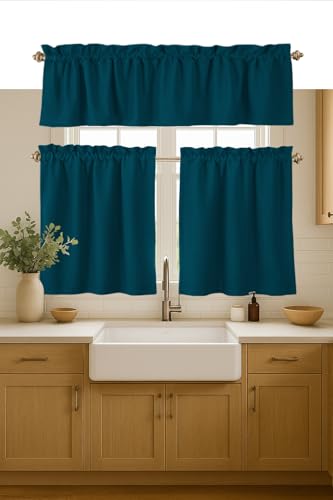 Native Fab 3 Piece Window Curtain Tiers 26"x36" and Valance 54"x18" Set - Rod Pocket - Semi Sheer - Short Curtain for Kitchen, Cafe, Living Room - Teal Green - color: Teal