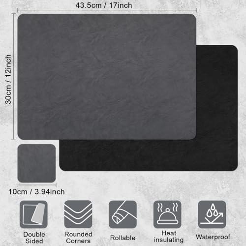 Vinyl Placemats Set of 4, Dual Sided Place Mats with Drink Coasters - color: Black/Dark Gray Two-tone, size: Set of 4
