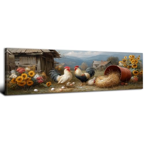 Country Kitchen Rooster Wall Decor Rustic Chicken Wall Art for Dining Room Rustic Cabin Coop Sunflower Picture Old Barn Canvas Picture Vintage Farm Animal Poster Artwork Living Room Decorations 14x48" - color: Chicken