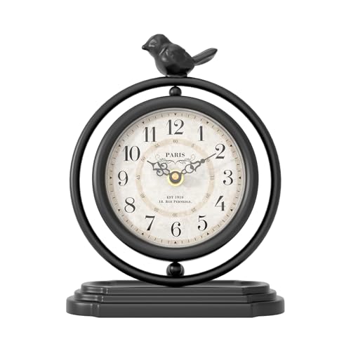 Black Vintage Table Clock with Bird, European Retro Mantel Clocks - color: Black