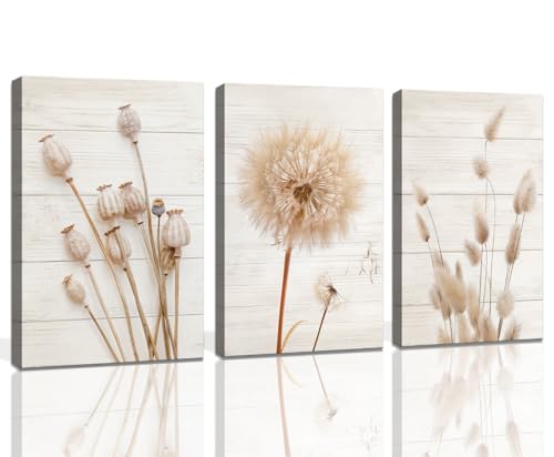 Neutral Wall Art - Farmhouse Wall Decor Dried Poppy Heads Dandelion Canvas Print Wall Art for Bedroom Aesthetic Rustic Wall Art for Living Room Wall Decoration Stretched Set of 3 Pieces 16x24inches - color: Brown, size: 16x24inchx3