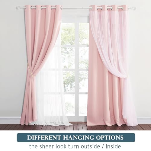 Blush Pink Blackout Curtains with White Sheer Overlay for Girls Bedroom - color: Blush Pink, size: 52"W x 63"L (Pack of 2)