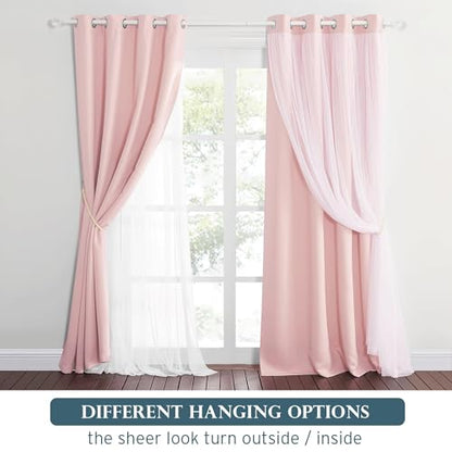 Blush Pink Blackout Curtains with White Sheer Overlay for Girls Bedroom - color: Blush Pink, size: 52"W x 63"L (Pack of 2)