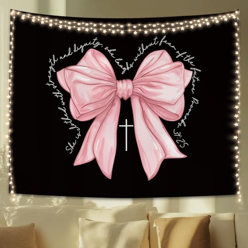 STHTTSW Coquette Pink Bow Christian Tapestry, Cute Tapestries Wall Blanket, Girly Religious Wall Hanging Decor for Girls Women College Dorm Apartment Bedroom Church, 50x60 Inch - color: Pink Bow - Black