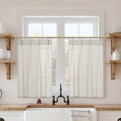 Lino Rosa Taupe Striped Kitchen Pinch Pleat Small Curtains with Hooks 20 Inch Length for Bathroom Windows - color: Taupe, size: 24"W x 20"L (Pack of 2)