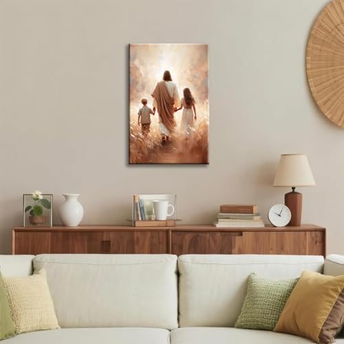 Framed Jesus and The Children's Wall Art Bible Stories Walking With Jesus Painting Picture Wall Decor Christian Poster Print Artwork for Boys and Girls Bedroom Church Living Room Nursery 12x16in - color: Jesus Children, size: 12"L x 16"W