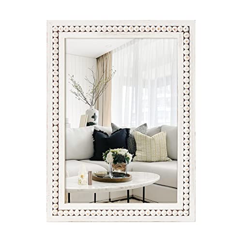 H HOMEWINS Rustic Wood Wall Mirror,Rectangle Bathroom Vanity Mirror - color: White, size: 30"L x 22"W