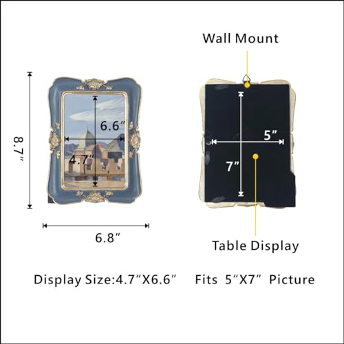 WINPLUS+ Vintage Picture Frame 5x7, Wall Mount and Tabletop Display, Art Gallery Gift (Blue and Gold 5x7) - style: Blue and Gold