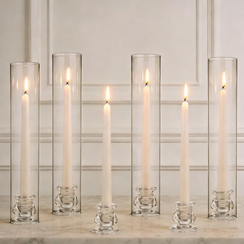 12 Set Glass Hurricane Candle Holders 11.8" Open Ended Glass Candleholder Tube Shape Bottomless and 2.1" Taper Clear Candlestick Holder Bulk for Table Centerpiece Wedding Party Home Decor (12, Clear)