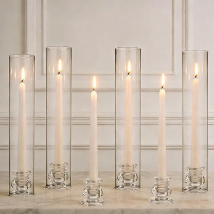 12 Set Glass Hurricane Candle Holders 11.8" Open Ended Glass Candleholder Tube Shape Bottomless and 2.1" Taper Clear Candlestick Holder Bulk for Table Centerpiece Wedding Party Home Decor (12, Clear)