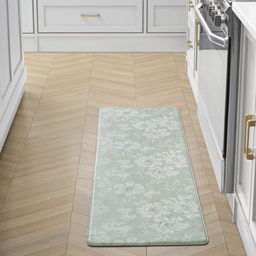 Laura Ashley - Anti-Fatigue Kitchen Mat, Iris Floral Design, Stain, Water & Fade Resistant, Cooking & Standing Relief, Non-Slip Backing, Measures 17.5" x 60", Sage Green Iris - color: Sage Green, size: 60"L x 17.5"W x 0.47"Th