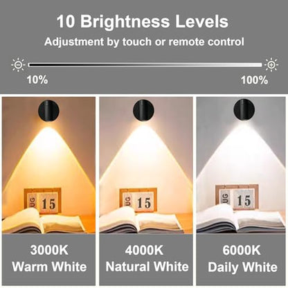 Black 2 Pack Dimmable LED Lights for Bedroom - Battery Wall Light with 3 Lighting Colors, 350° Rotate, Magnetic and USB Rechargeable Wireless Wall Lights with Remote